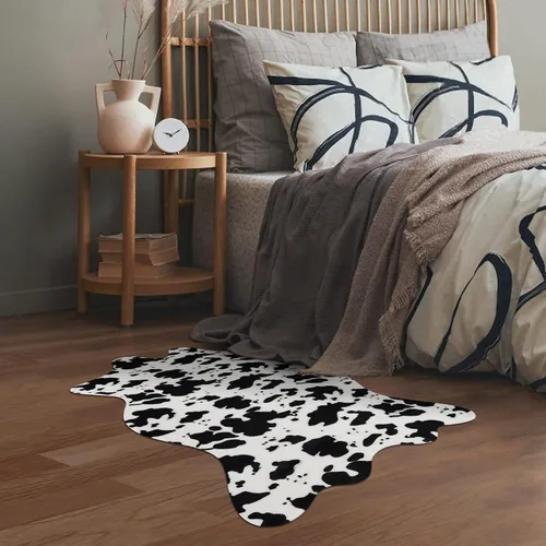 Miniatura 3 de Bonita alfombra con estampado de vaca, pequeña de piel sintética de vaca en blanco y negro, alfombra con estampado animal para mesa, dormitorio