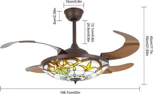 Miniatura 7 de LOYALHEARTDY Tiffany - Ventiladores de techo con luces y control remoto retráctil Tiffany de 42 pulgadas, 6 velocidades, 3 luces LED y función