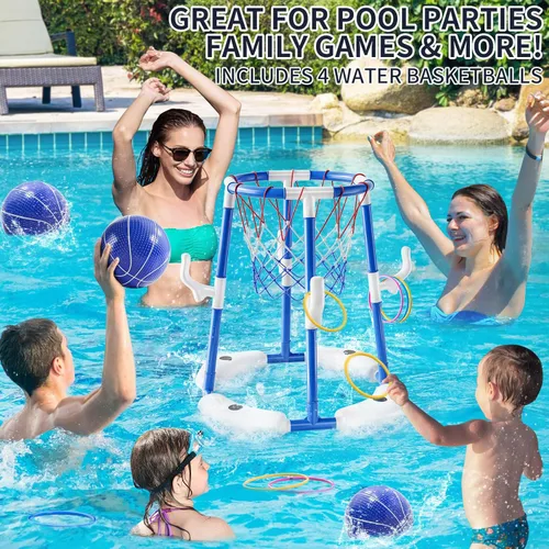 Miniatura 7 de NIPLOOOW Aro de baloncesto para piscina, juego de anillos flotantes 4 en 1 con 4 bolas, lanzador de bomba de aire y bolas adhesivas, juego