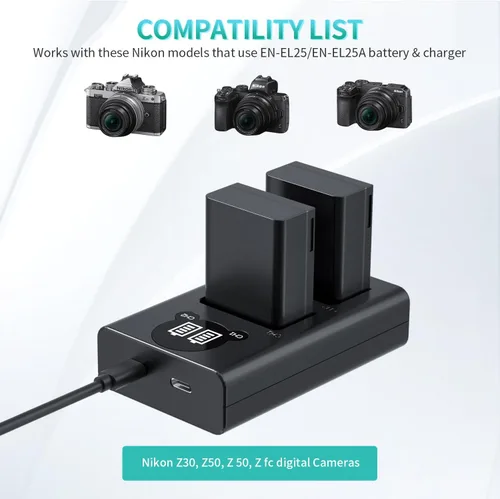 Miniatura 2 de LP EN-EL25 Paquete de cargador de batería, 1800 mAh, paquete de 2 baterías EN-EL25A para Nikon Z50, Z30, Z50 II, cámara ZFC, cargador USB Dual MH-32