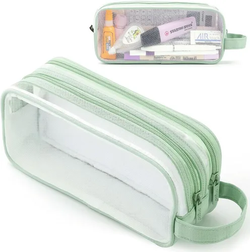 Estuche grande de malla de malla con 2 compartimentos, bolsa transparente para lápices con cremallera, bolsa de papelería transparente multifunción