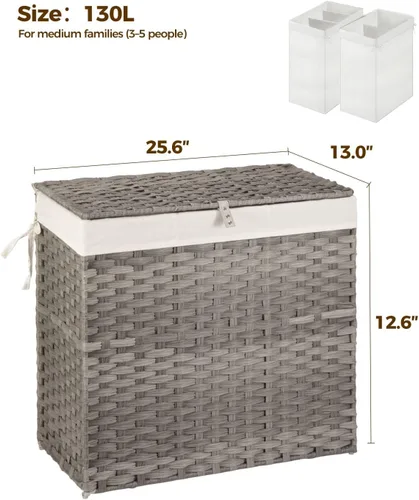 Miniatura 5 de GREENSTELL Cesta para ropa sucia con ruedas y tapa, 130 L, cesta grande de 3 secciones con 2 tipos de bolsas de forro extraíbles, 5 bolsas de malla