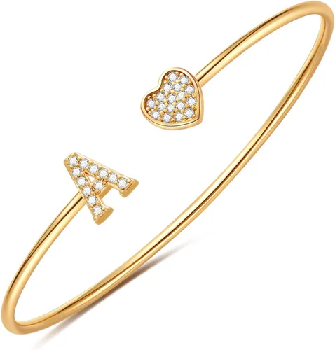 Gold Initial Bracelets for Women Girls, 14K Gold Plated Gold Bangle Bracelets for Women Girls Dainty Gold Initial Bracelets Heart Bracelets for