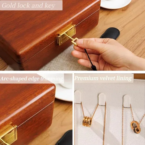 Miniatura 2 de Bescott Joyero de madera maciza de 2 capas con cerradura y llave para mujeres y hombres, organizador de joyas de madera de terciopelo vintage