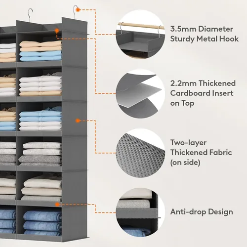 Miniatura 4 de Lifewit Estante de doble fila para colgar en el armario, estantes de ropa con 3 ganchos resistentes para organización de ropa, contenedor plegable