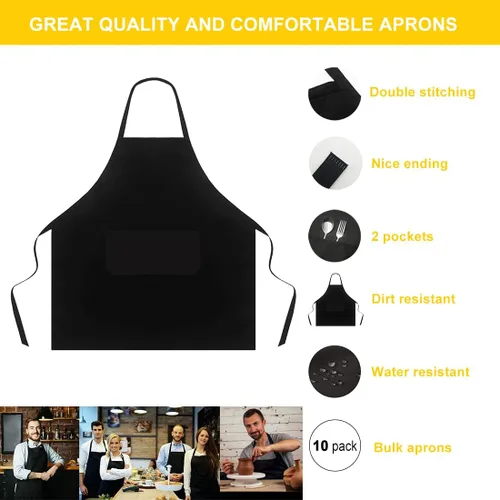 Miniatura 3 de Delantal negro con bolsillos para mujeres, hombres, adultos, chef, juego de 10 delantales de cocina a granel para cocinar, hornear, restaurante