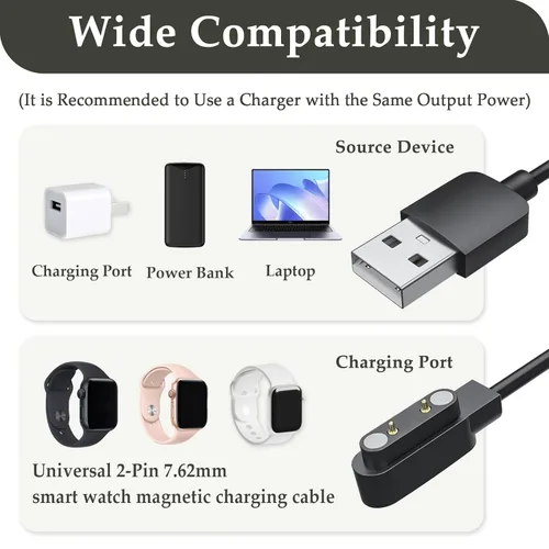 Miniatura 4 de Paquete de 2 cables de carga magnéticos para reloj inteligente, universal de 2 pines de 0.300 in, cable de carga de repuesto compatible con reloj
