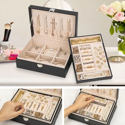 Miniatura 4 de KCY Organizador de joyas para mujeres y niñas, estuche grande de cuero sintético con soporte de exhibición de 2 capas y bandeja extraíble
