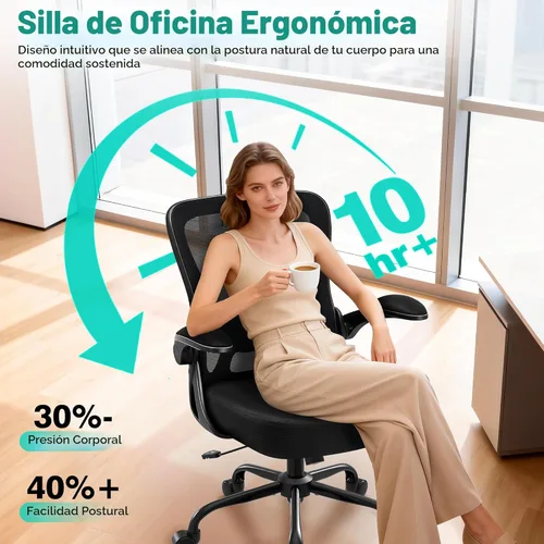 Miniatura 5 de AreShark Silla de oficina – Silla de escritorio ergonómica de malla transpirable con soporte lumbar ajustable y reposabrazos abatibles – Silla Negro
