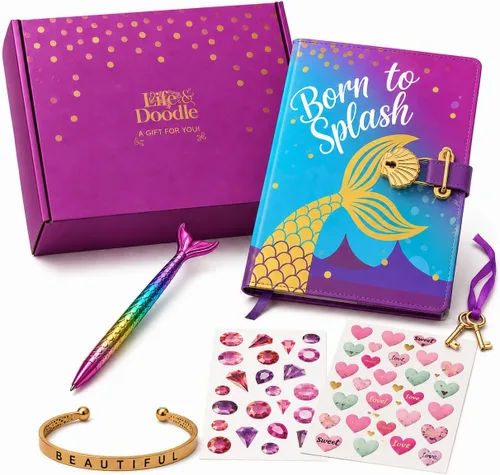 Life is a Doodle Diario con cerradura y llave – Diario de gratitud de sirena para empoderar corazones y mentes – Cuaderno diario de autoexpresión