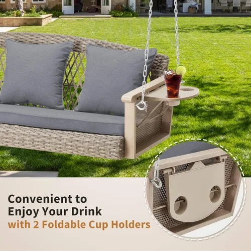 Miniatura 8 de HOMREST Columpio de mimbre para porche para 3 personas con portavasos mejorado, silla colgante de 56 pulgadas con cojines, columpio al aire libre