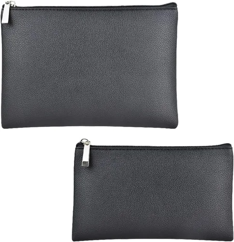 Miniatura 14 de Juego de 2 bolsas de maquillaje, pequeña bolsa de maquillaje con cremallera, bolsa de cosméticos portátil para viajes, bolsa de belleza de piel Negro
