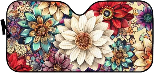Miniatura 2 de HUGS IDEA Parasol plegable para parabrisas de automóvil, diseño de flores, bohemio, para la mayoría de los sedán, SUV, camión, parabrisas delantero