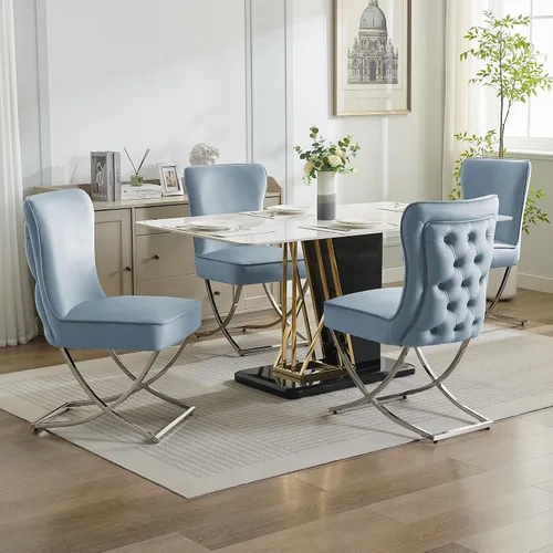 Miniatura 5 de WUTUTUEE Sillas de Comedor de Terciopelo de Lujo, Sillas de Acento Tapizadas Capitoné sin Brazos con Patas de Metal Plateado en X, Juego de 2 Sillas
