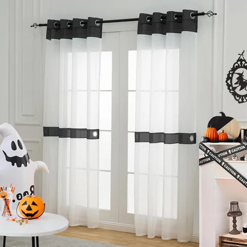 Miniatura 8 de L.Z.E - Cortinas transparentes blancas y negras de 63 pulgadas de largo, 2 paneles para sala de estar, cortinas elegantes y modernas transparentes