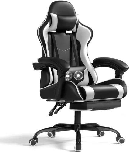 Shahoo Silla de juegos con reposapiés y soporte lumbar de masaje, sillas ergonómicas para computadora giratorias de 360° y asiento ajustable en