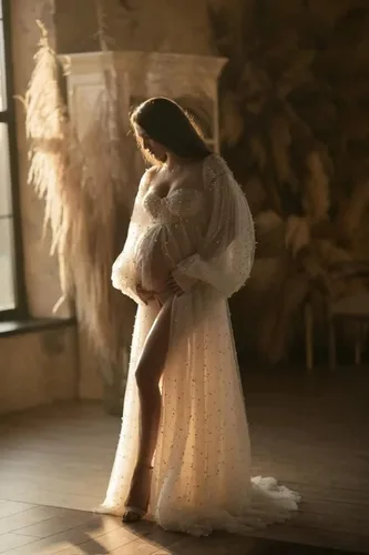 Miniatura 2 de SUOLUOS Vestidos de maternidad de tul perlado para sesión de fotos, hombros descubiertos, lencería nupcial, vestidos de embarazo para baby shower