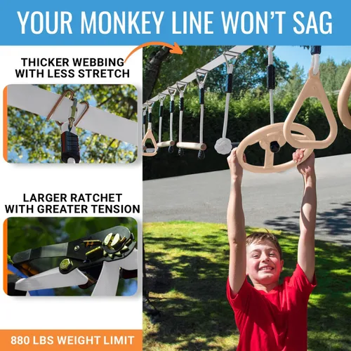 Miniatura 3 de Hyponix - Carrera de obstáculos Ninja Warrior para niños, línea floja de 2 x 50 pies con 10 obstáculos ninja al aire libre, soporta 880 libras - Red