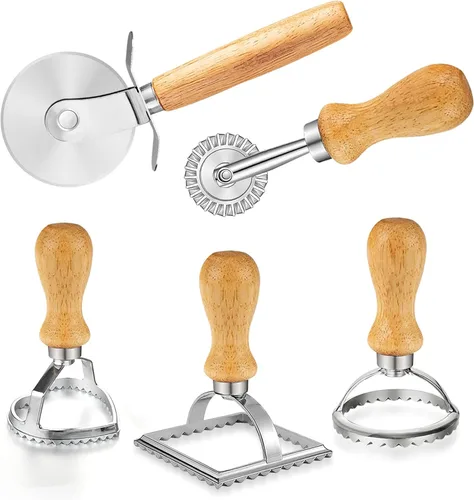 ARTPICO - Juego de 5 ruedas para hacer pasta, mango de madera, borde acanalado para ravioles, cortador de prensa de pastelería, lasaña, Pierogi,