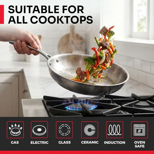 Miniatura 7 de Mueller Juego de ollas y sartenes de 17 piezas, Ultra-Clad Pro Juego de utensilios de cocina de acero inoxidable, mango ergonómico EverCool, Plateado