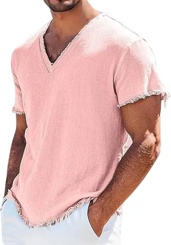 Miniatura 12 de Mens Cotton Linen Short Sleeve Shirts Retro Frayed Casual V-Neck Beach Hippie Tshirts Lightweight Summer Resort Tops