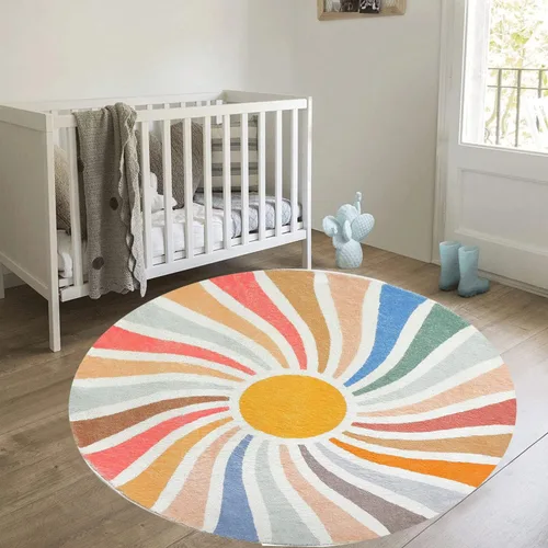 Miniatura 3 de Poowe Alfombra redonda con diseño de arco iris, colorida alfombra bohemia para niños, ultra suave, lavable, alfombra para habitación del cuarto