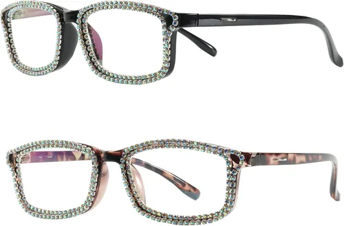 Miniatura 3 de willochra 2 gafas de lectura con diamantes de imitación para mujer, cuadrados, con bloqueo de luz azul, gafas de computadora
