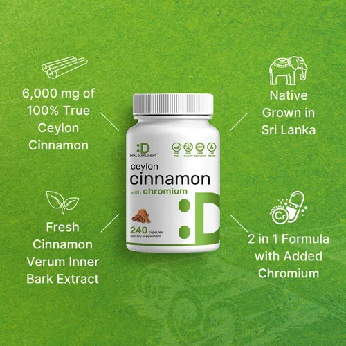 Miniatura 6 de Canela de Ceilán con Cromo 1000mcg, 240 Cápsulas Extracto de corteza interna activa, verdadera fuente de Sri Lanka Suplementos naturales