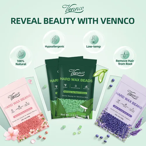 Miniatura 7 de Kit de perlas de cera dura Vennco para depilación, 36 piezas de perlas de cera para todo el cuerpo, cara y bikini brasileño, aloe, lavanda, flor