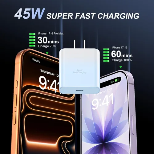 Miniatura 2 de Cargador para teléfono 16 Pro Max de carga rápida, 45 W USB C i-Phone 16 Bloque de carga súper rápido con cable de carga tipo C de 10 pies de largo