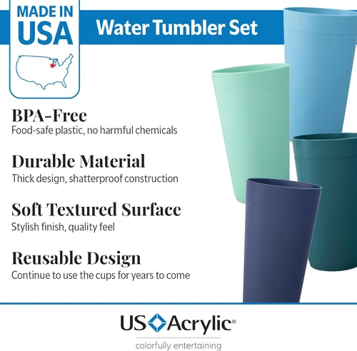 Miniatura 2 de US Acrylic Newport Vasos de Agua Apilables de Plástico Irrompible de 20 Onzas en 4 Colores Costeros Juego de 12 Vasos para Beber Reutilizables