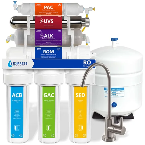 Express Water Sistema de filtración de agua ultravioleta alcalina de ósmosis inversa - 100 GPD (grifo moderno de níquel cepillado)