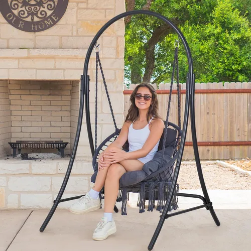 Miniatura 2 de ANOW Silla colgante con soporte incluido, hamaca resistente con soporte y cojín acolchado extraíble, máximo 400 libras, gris oscuro