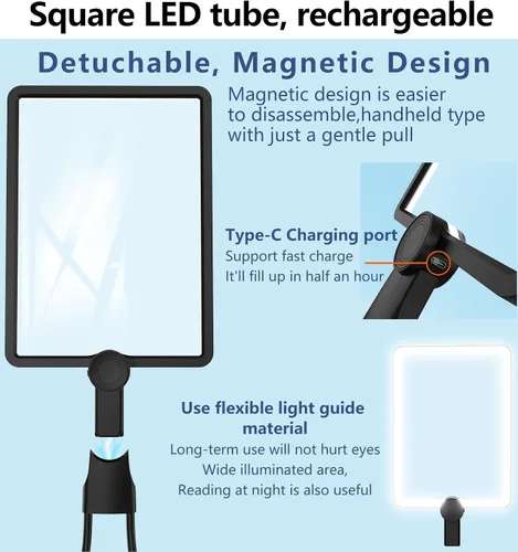 Miniatura 6 de Lupa recargable grande con luz, manos libres para el cuello, lupa de página completa con 50 luces LED y brillo ajustable para lectura, manualidades