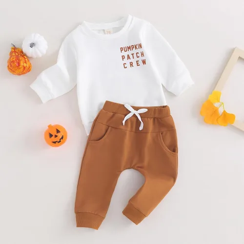 Miniatura 92 de Adobabirl Conjunto de sudadera y pantalones de Halloween para bebé, sudadera y pantalones con parche de calabaza para Halloween, otoño, ropa de bebé