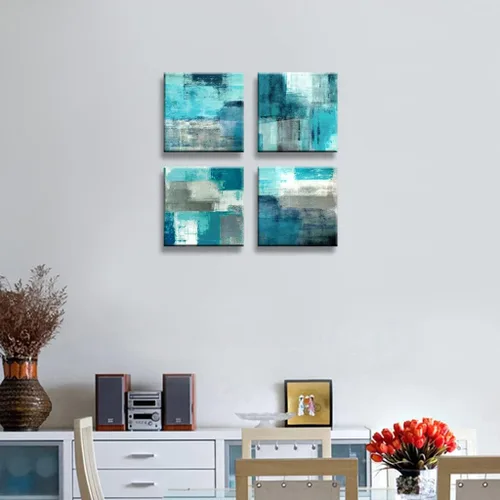 Miniatura 6 de DYYJ Lienzo abstracto para pared, pintura de arte abstracto turquesa y gris, 12 x 12 pulgadas, 4 piezas de impresiones en lienzo para dormitorio