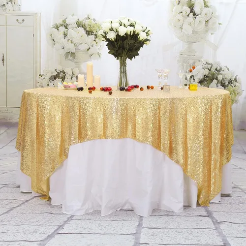 Miniatura 123 de PartyDelight Mantel de lentejuelas redondo de 50 pulgadas, color dorado claro, adorno de mesa para decoración de bodas, fiestas, cumpleaños