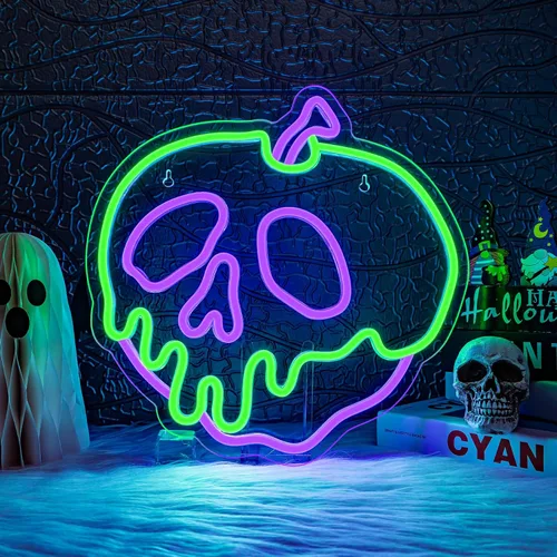 WLHOPE Letrero de neón de Halloween regulable con calavera, manzana, para decoración de pared, luces LED de Halloween, conectividad USB, luces LED