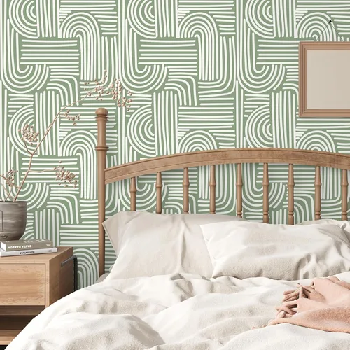 Miniatura 3 de VEELIKE Papel tapiz geométrico verde salvia para despegar y pegar, papel tapiz geométrico abstracto bohemio para dormitorio, baño, pared decorativa