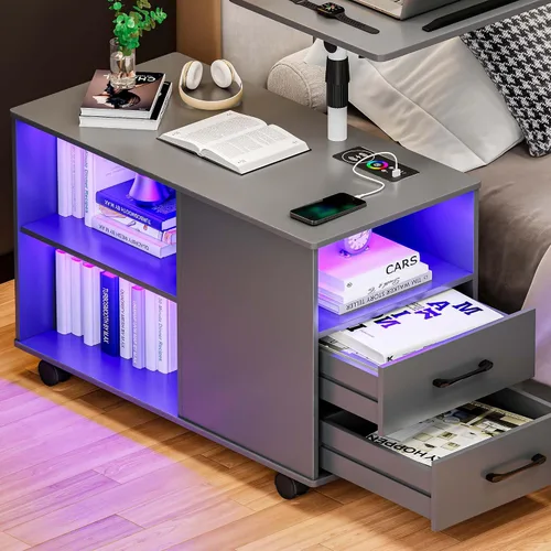 Miniatura 10 de Gurexl Mesita de noche LED de 360° con estación de carga inalámbrica, mesita de noche ajustable movible con bandeja para portátil, soporte de noche