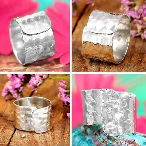 Miniatura 4 de Boho-Magic Anillo de plata de ley 925 para mujer, diseño de pulgar, ancho martillado, ajustable, Metal