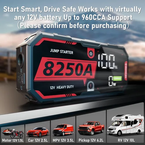 Miniatura 3 de 8250A Arrancador de Salto Arrancador de Puente Portátil Paquete de Batería (Hasta 10L de Gasolina / 6.5L de Diesel), 2 Bancos de Energía USB-C