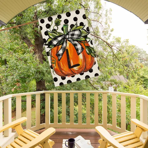 Miniatura 4 de AVOIN colorlife Bandera de casa con monograma de otoño con letra L, diseño de lunares, calabaza, 28 x 40 pulgadas, doble cara exterior, pequeña