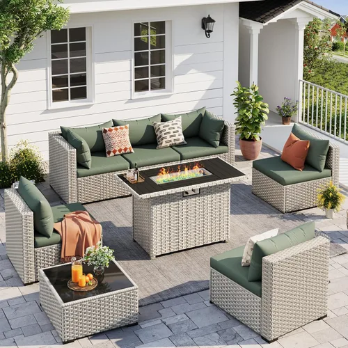 Miniatura 15 de UDPATIO Juego de muebles de patio al aire libre, sofá modular de 7 piezas con mesa de té, juego de conversación al aire libre de mimbre PE para Azul