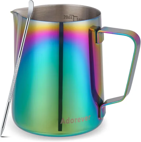Miniatura 19 de Jarra espumadora de leche, 600ml/20oz, jarra de vapor de acero inoxidable para café con leche, capuchino, latte, arte, barista, jarra de vapor con D