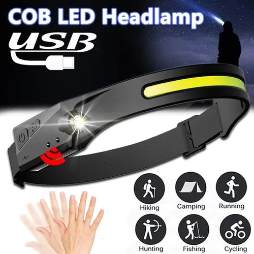 Miniatura 2 de Linterna frontal LED recargable, 230 luces anchas, 5 modos de luz dinámica, sensor de movimiento, impermeable, diadema ajustable, 1200 lúmenes