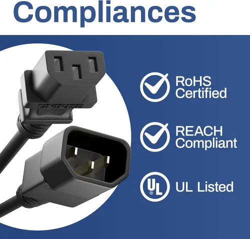 Miniatura 7 de UNC Cable de alimentación PDU C13 a C14, 1.5 pies, paquete de 20 unidades, negro, 10 amperios, SJT 250V, certificación UL, cable de extensión IEC