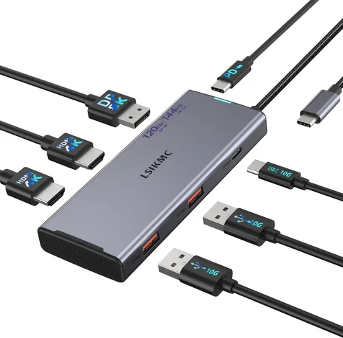 Estación de acoplamiento USB-C para portátil triple monitor | Base 7 en 1 con DP 4K a 160 Hz/8K a 30 Hz + HDMI dual 4K @60Hz, 10 Gbps USB A/C, 100 W