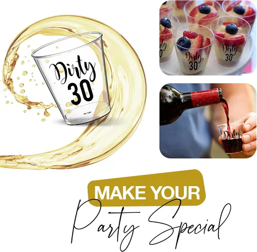 Miniatura 7 de Dirty 30 - Vasos de chupito de cumpleaños – 100 vasos de plástico desechables de 2 onzas, decoraciones de cumpleaños 30 para él o ella, regalos
