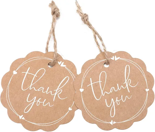 Miniatura 2 de joycraft 100 etiquetas de regalo de agradecimiento con cuerda, etiquetas colgantes de papel kraft redondo festoneado marrón de 2.36 pulgadas
